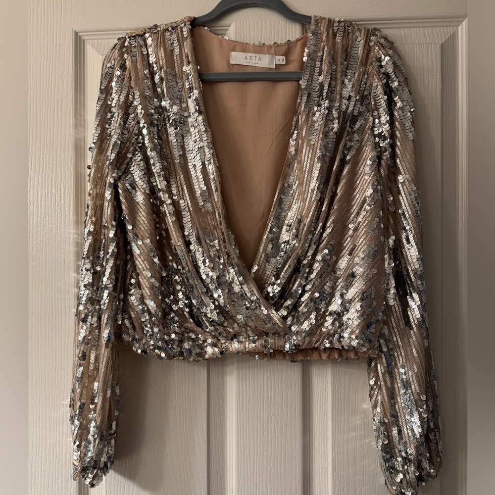 Astr the Label Primadonna Champagne and Silver Sequin Long Sleeve Top.